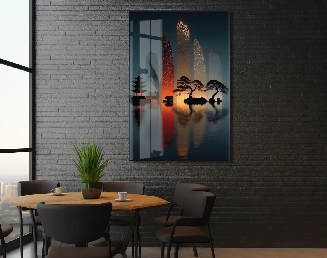 Doğu Esintili Gün Batımı Cam Tablo – Minimalist Japon Manzarası UV Baskılı Temperli Cam Duvar Tablosu - Peony026 — görsel 5