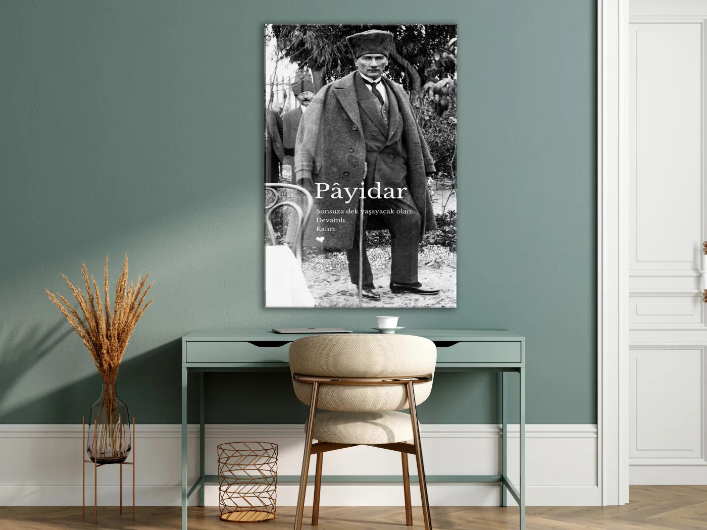 Payidar Atatürk Cam Tablo | Siyah Beyaz Atatürk Portresi, Anlamlı Duvar Dekoru, UV Baskı Temperli Cam Tablo PeonyAta049 — görsel 7