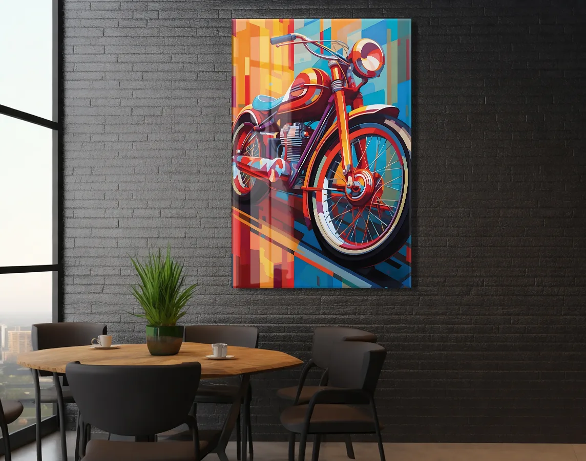 Retro Motosiklet Cam Tablo – Modern Geometrik Stil, Renkli UV Baskılı Temperli Cam Duvar Tablosu - Peony039 — görsel 5