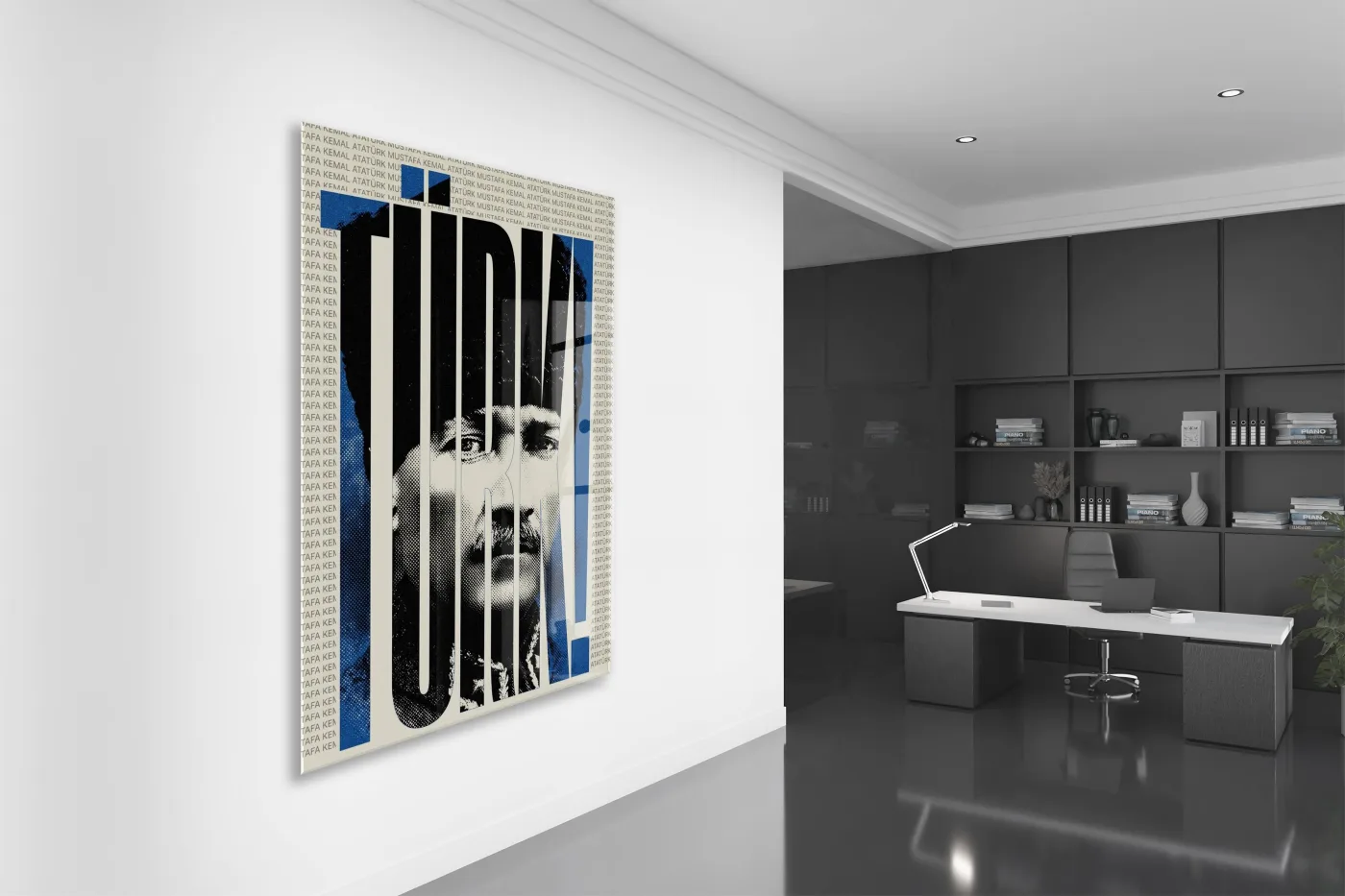 Mustafa Kemal Atatürk Ulu Önder Cam Tablo – Modern Tipografik Atatürk Duvar Dekoru (Mavi Siyah Tasarım) -PeonyAta073 — görsel 5