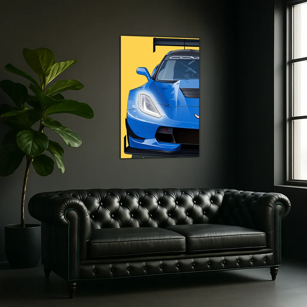 Mavi Corvette Tarzı Yarış Araba UV Baskı Neon Duvar Dekoru | Pleksi Işıklı Spor Araba Tablo | Modern Ev Dekoru — görsel 2