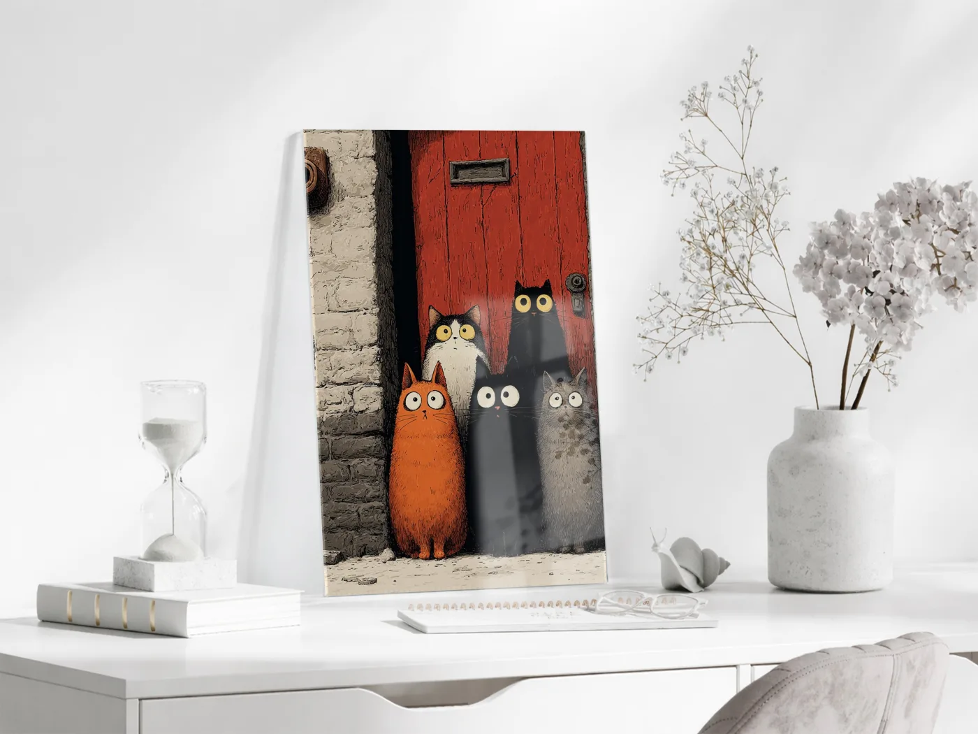 Şaşkın Bakışlı Kediler – Modern ve Minimal İllüstrasyon Cam Tablo- Peony130 — görsel 4