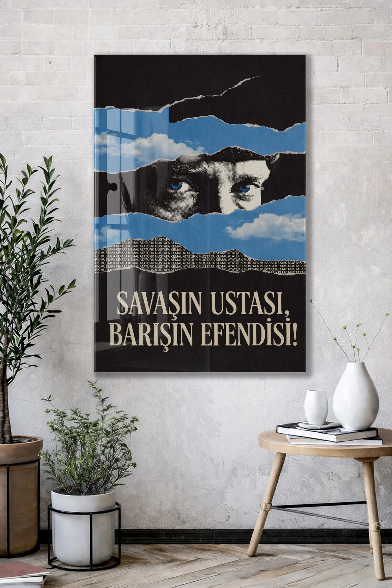 Mustafa Kemal Atatürk Savaşın Ustası Barışın Efendisi Cam Tablo – Modern Mavi Siyah Atatürk Duvar Dekoru -PeonyAta076 — görsel 2
