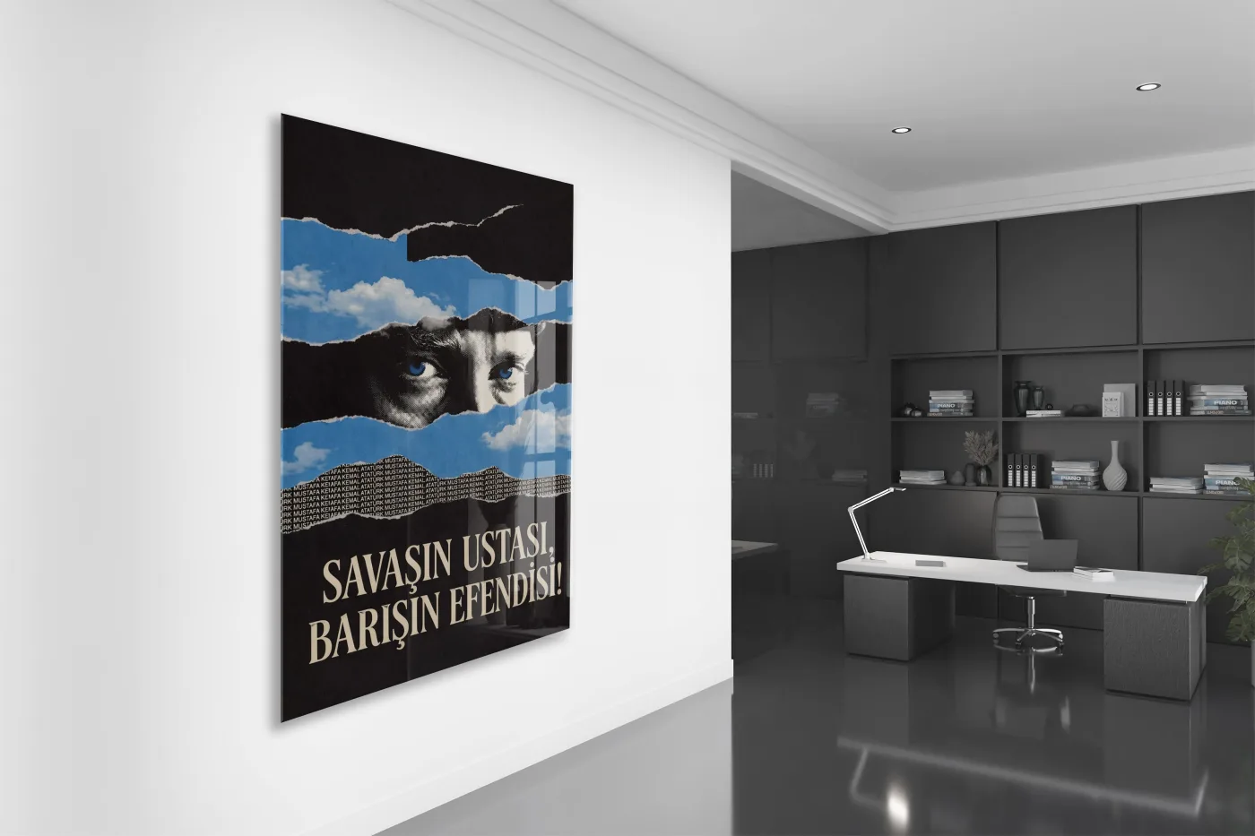 Mustafa Kemal Atatürk Savaşın Ustası Barışın Efendisi Cam Tablo – Modern Mavi Siyah Atatürk Duvar Dekoru -PeonyAta076 — görsel 5