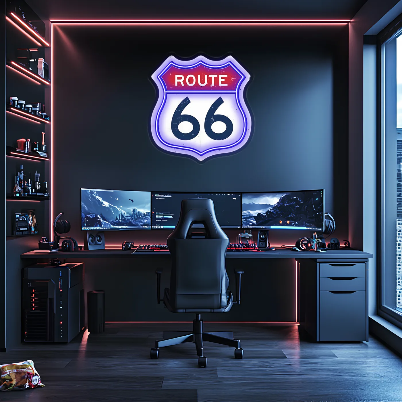 Route 66 Neon Duvar Dekoru | Retro Amerikan Karayolu Temalı LED Işıklı Tabela | Gamer & Bar Dekorasyonu — görsel 4