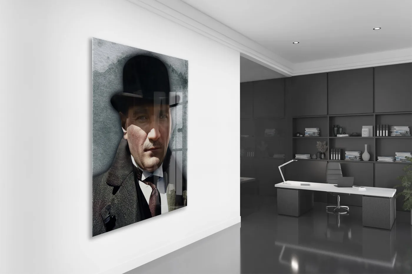 Atatürk Fötr Şapkalı Portre Cam Tablo – Modern ve Zamansız 4 mm Temperli Cam Duvar Dekoru -PeonyAta1001 — görsel 5