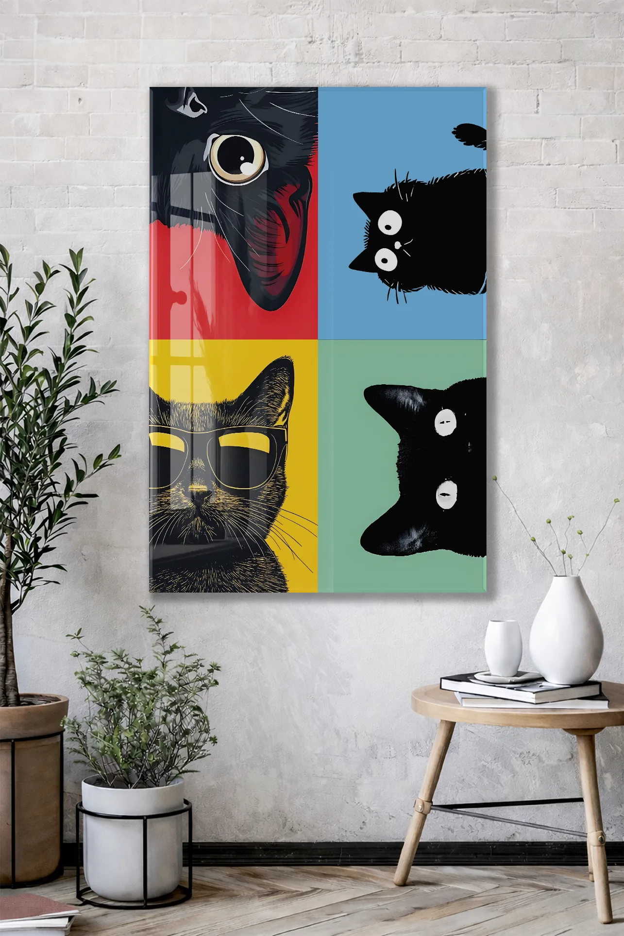 Pop Art Cats – Dört Ruh, Tek Stil Pop Art Duvar  Cam Sanatı- Peony052 — görsel 3