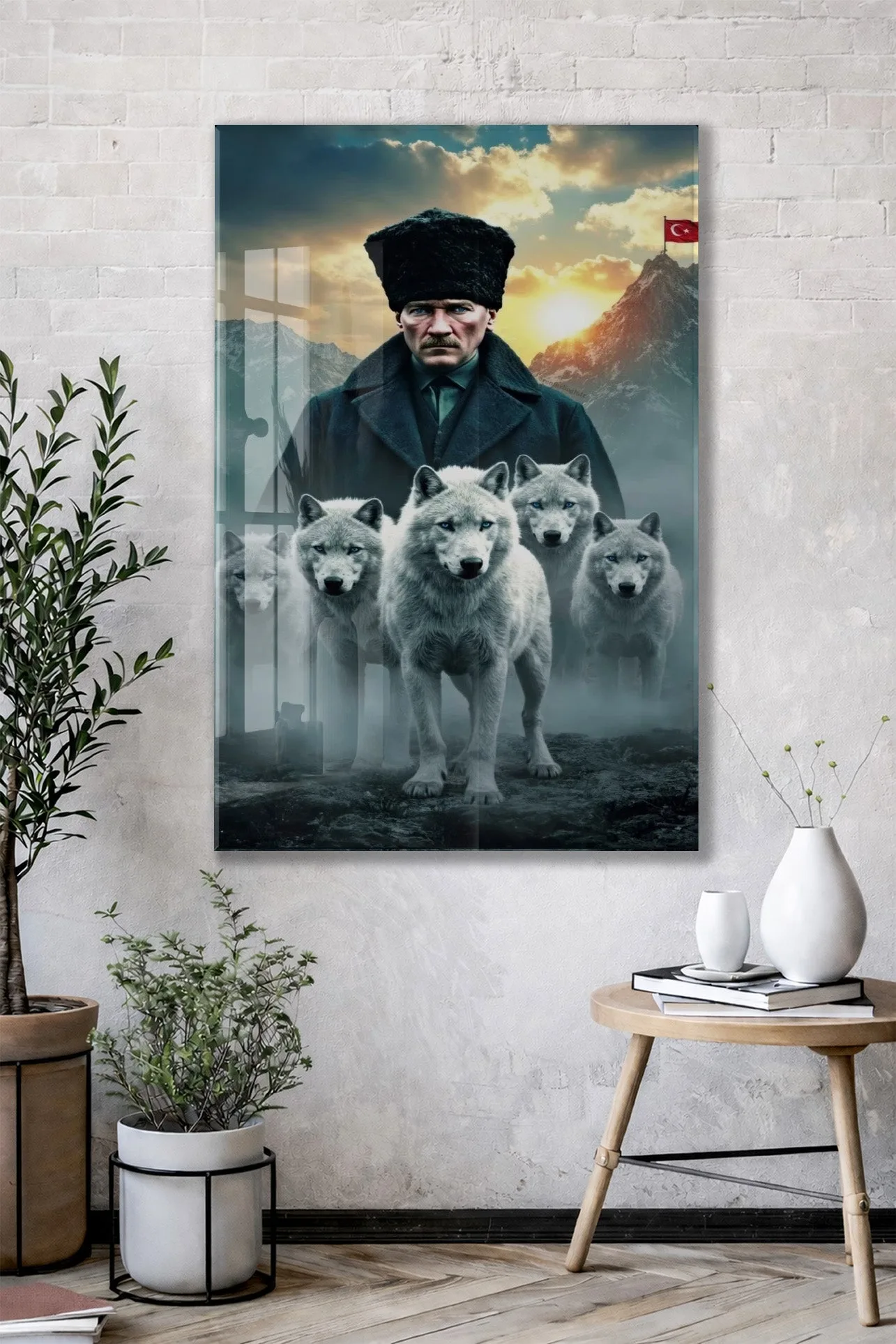 Atatürk ve Kurtlar Cam Baskı Tablo | Güç ve Liderlik Temalı Modern Sanatsal Duvar Dekoru, 4mm Temperli Cam, Yüksek Çözünürlüklü UV Baskı PeonyAta043 — görsel 3