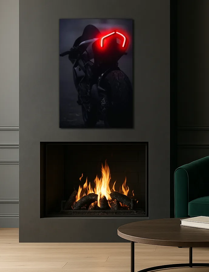 Siyah Motosiklet UV Baskı Neon Duvar Dekoru | Kırmızı Işıklı Pleksi Tablo | Modern ve Minimal Duvar Sanatı — görsel 4