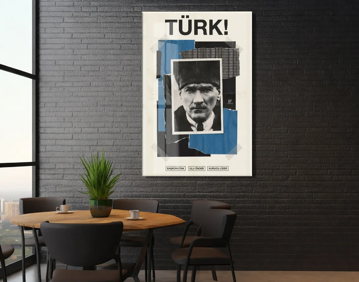 Mustafa Kemal Atatürk Türk! Başkomutan Cam Tablo – Modern Kolaj Tasarım Atatürk Duvar Dekoru -PeonyAta074 — görsel 6