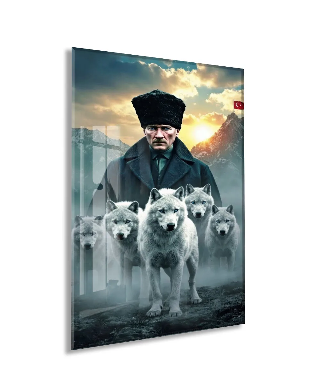 Atatürk ve Kurtlar Cam Baskı Tablo | Güç ve Liderlik Temalı Modern Sanatsal Duvar Dekoru, 4mm Temperli Cam, Yüksek Çözünürlüklü UV Baskı PeonyAta043 — görsel 1