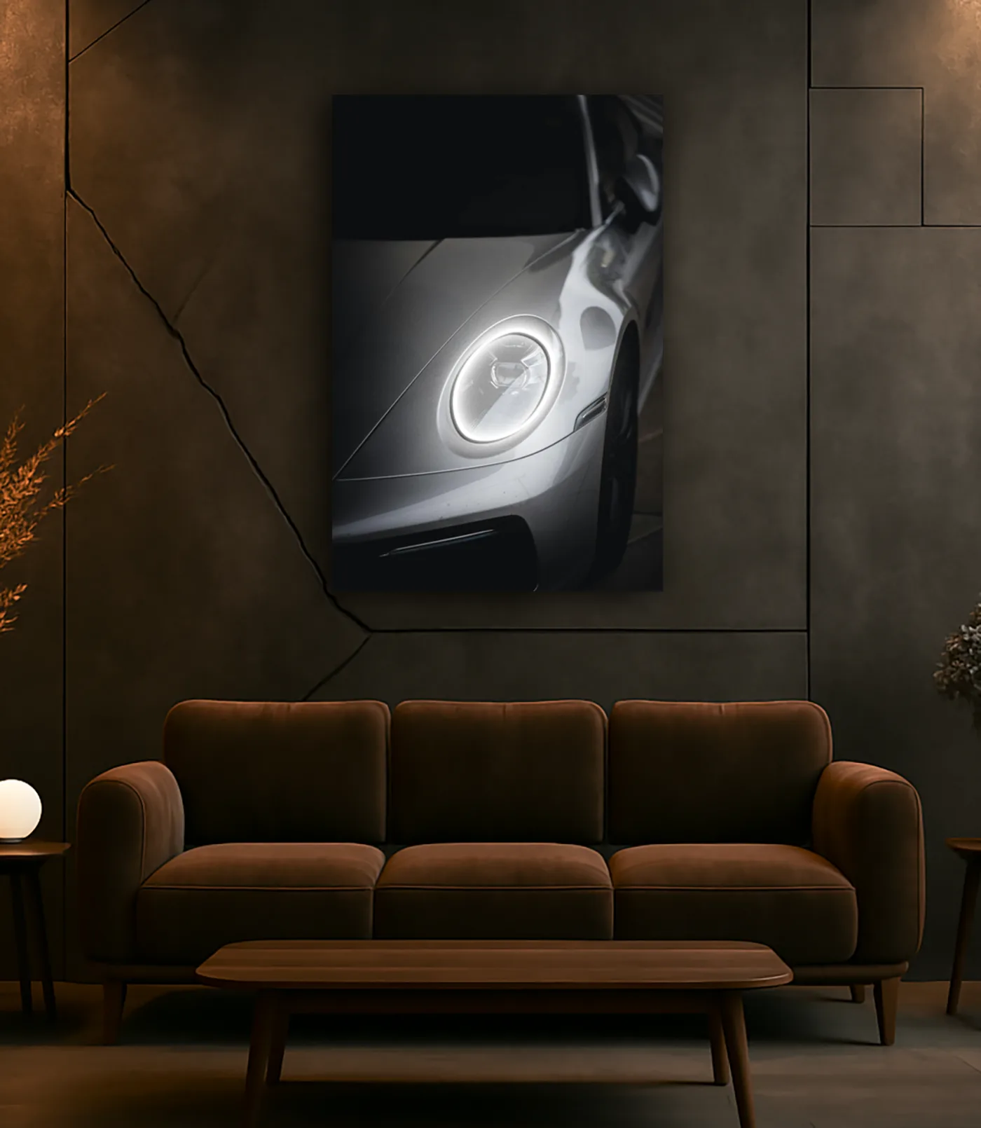 Gri Spor Otomobil UV Baskı Neon Tablo | Yuvarlak LED Far Detaylı Pleksi Duvar Dekoru | Minimalist Otomobil Sanatı — görsel 2