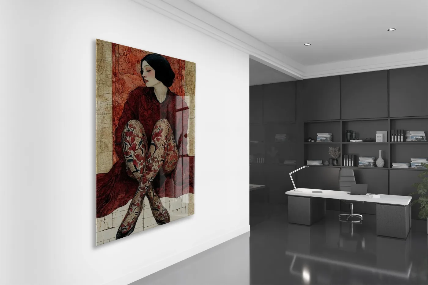 “İçe Dönüş” – Zamansız Kadın Figürlü Cam Duvar Dekoru - Peony064 — görsel 5