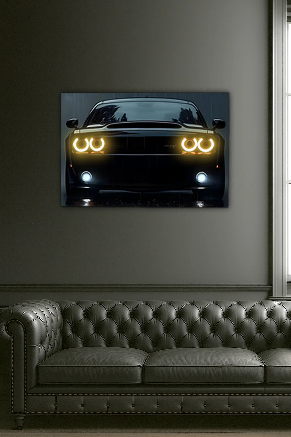 Siyah Muscle Car UV Baskı Neon Duvar Dekoru | Pleksi Işıklı Araba Tablo | Güçlü Far Efektli Modern Duvar Sanatı — görsel 5