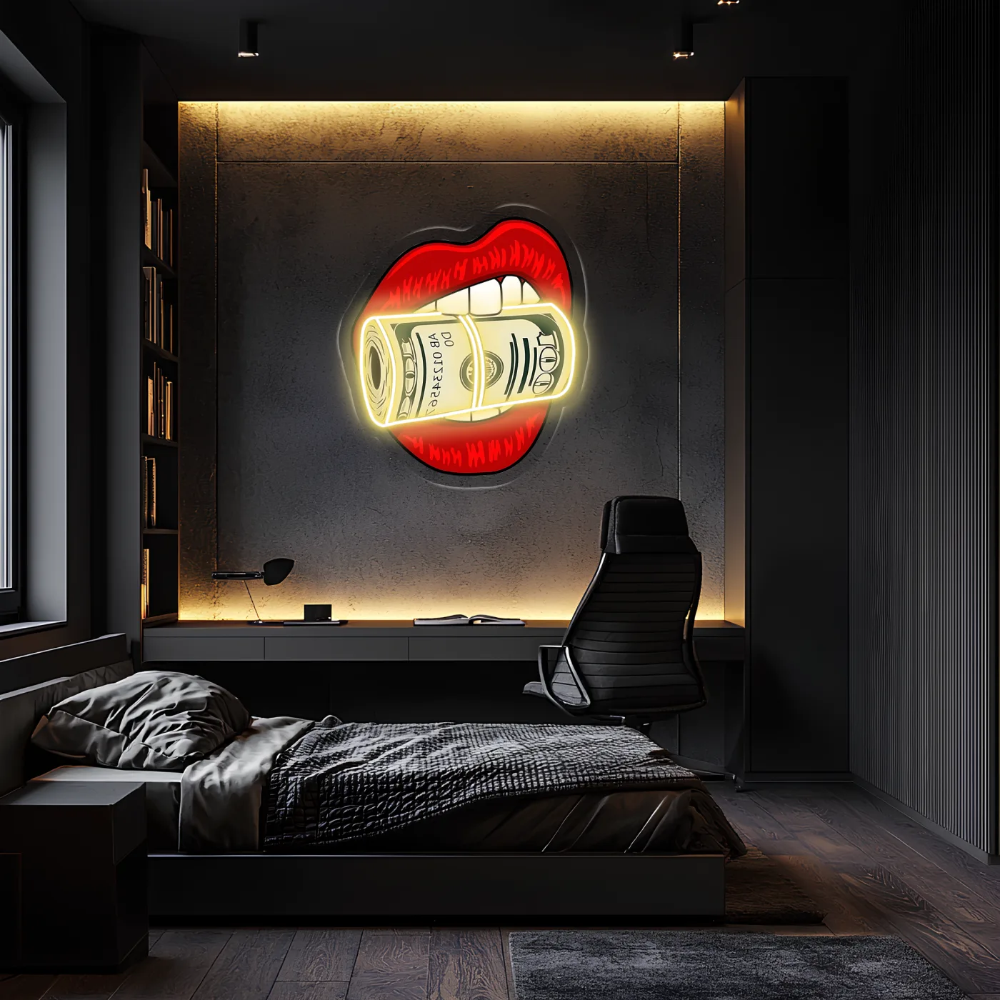 Pop Art Dudak Neon Duvar Dekoru | Para Rulosu Isıran Dudak Tasarımı | Işıklı LED Pleksi Duvar Sanatı — görsel 1