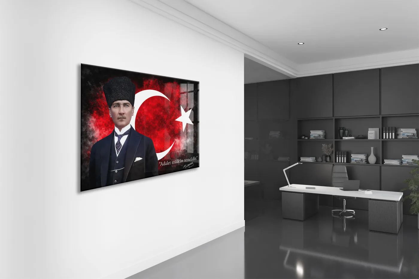Kalpaklı Mustafa Kemal Atatürk Cam Tablo | “Adalet Mülkün Temelidir” 4 mm Temperli UV Baskılı -PeonyAta1312 — görsel 4