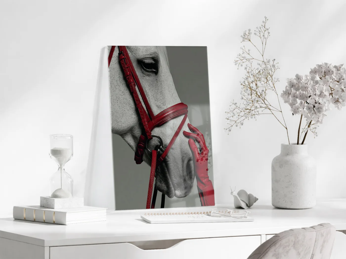 “Soylu Ruh” – Modern Beyaz At Sanat Cam Tablosu - Peony066 — görsel 4