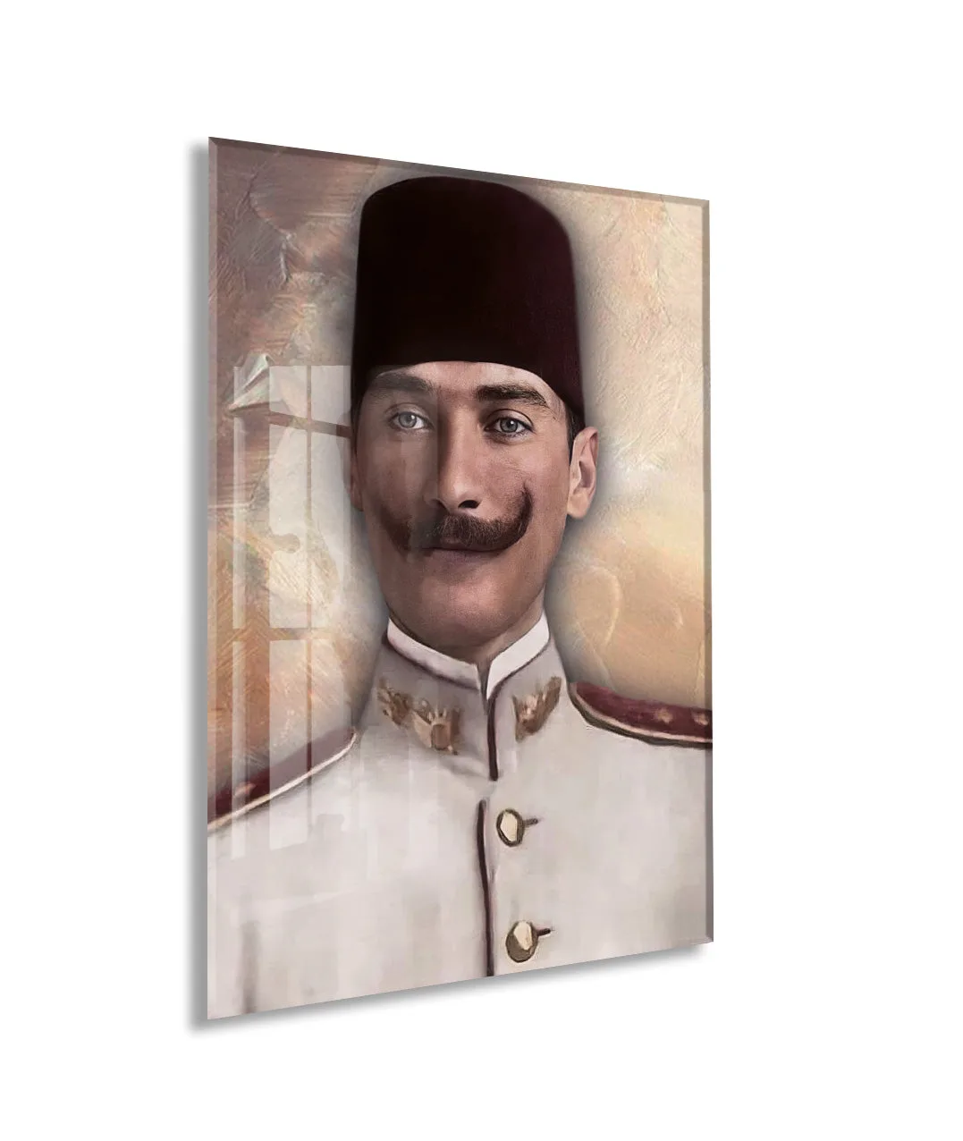 Atatürk Cam Tablo – Fesli Portre Tasarımı, 4 mm Temperli Cam Üzerine Modern ve Klasik Duvar Dekoru -PeonyAta1020 — görsel 1