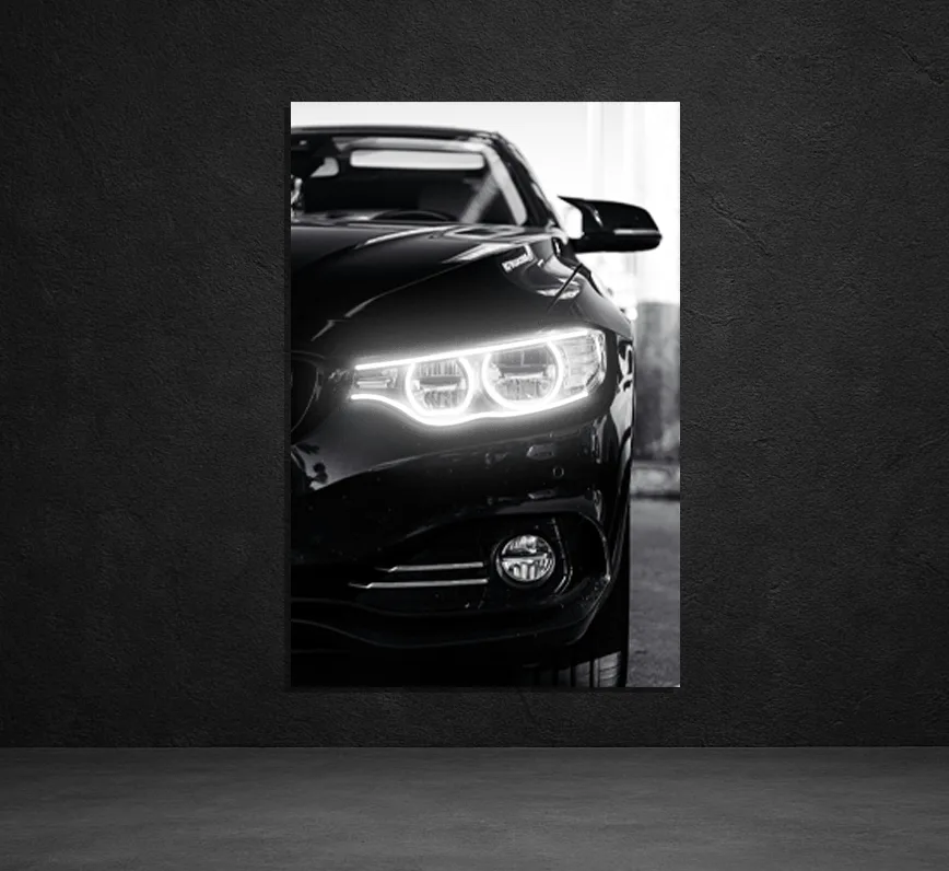 Siyah Otomobil UV Baskı Neon Duvar Tablosu | Beyaz LED Far Detaylı Pleksi Dekor | Modern Otomobil Duvar Sanatı — görsel 5