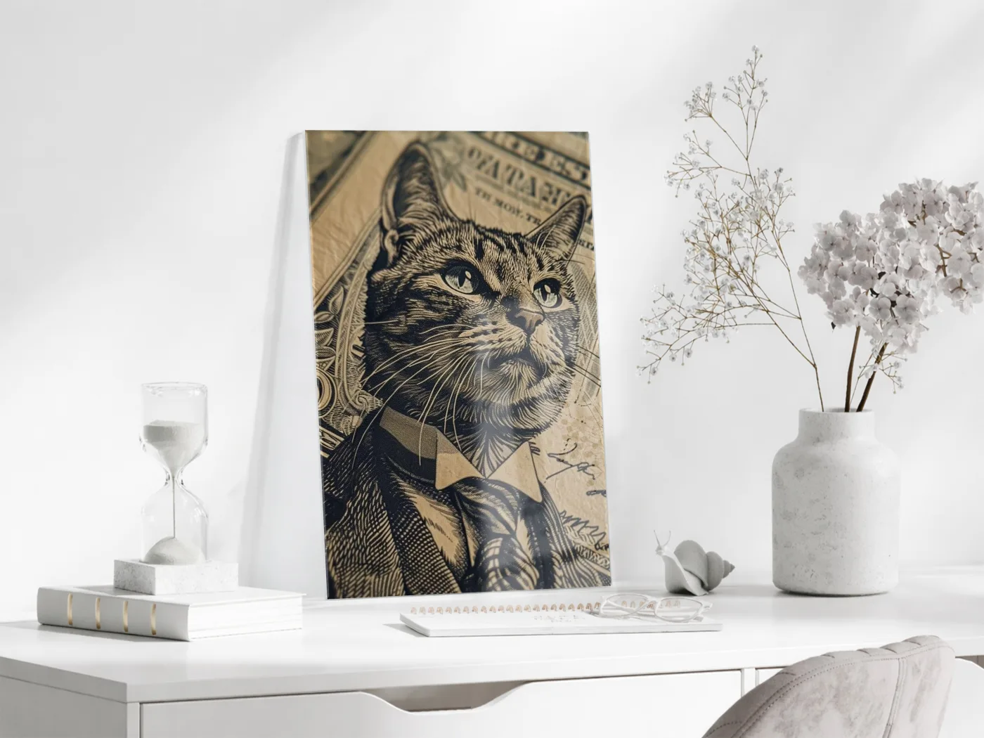 Business Cat Art – Retro Banknot Stil Cam Duvar Dekoru - Peony115 — görsel 4
