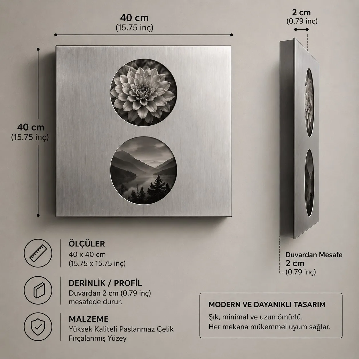 DUO |Paslanmaz Çelik İkili Fotoğraf Çerçevesi – Modern Metal Duvar Çerçevesi 40x40 cm — görsel 10