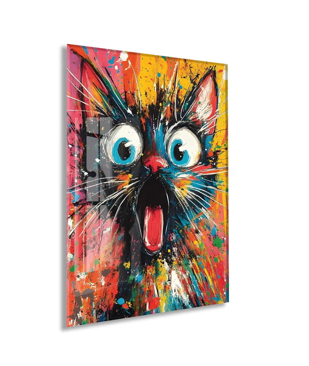 Şaşkın Kedi – Renkli Pop Art Duvar Cam Sanatı- Peony050 — görsel 1