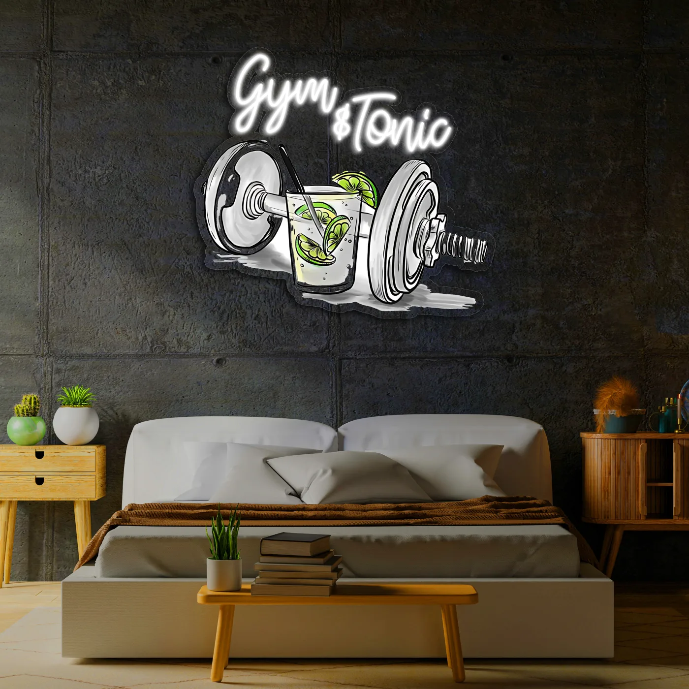 Gym & Tonic Neon Duvar Dekoru | Spor ve Kokteyl Temalı LED Işıklı Tablo | UV Baskı Pleksi Neon | Mizahi Bar ve Ev Dekoru — görsel 6