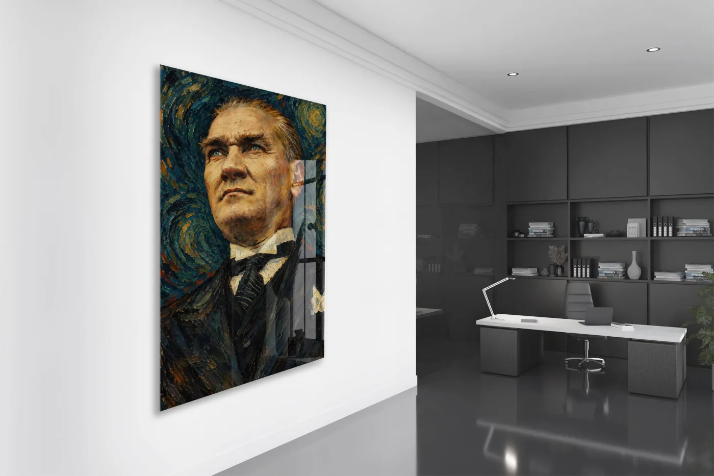 Yağlı Boya Görünümlü Atatürk Cam Tablo – Sanatsal Mustafa Kemal Atatürk Portresi-PeonyAta1346 — görsel 5