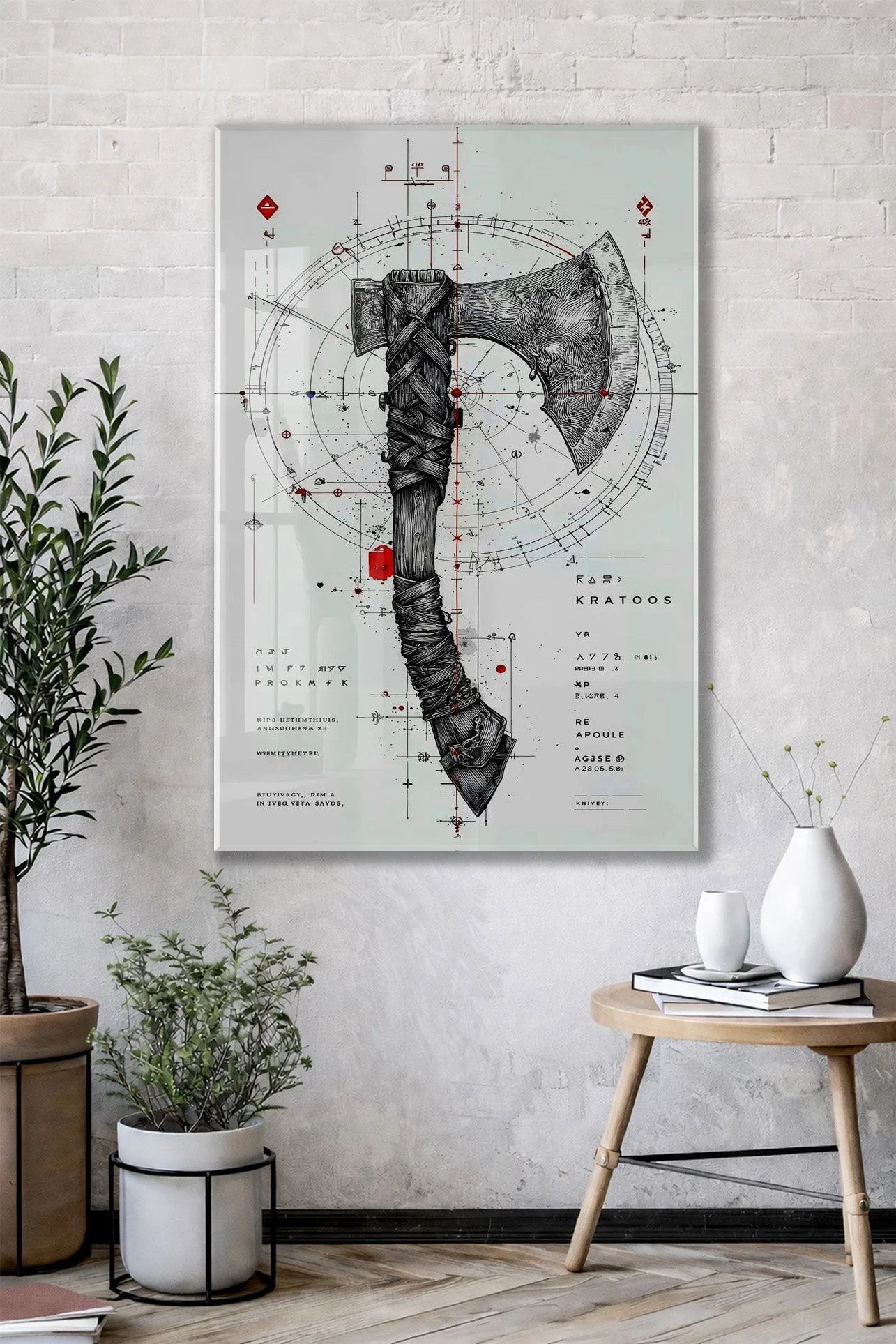 “Keskin Denge” – Geometrik ve Savaş Baltası Temalı Sanatsal Cam Tablo - Peony061 — görsel 3