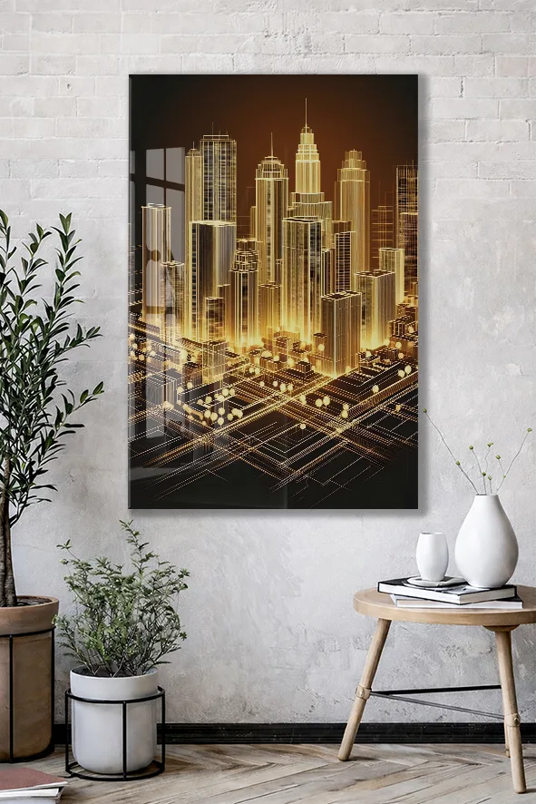 Altın Şehir – Fütüristik Metropol ve Dijital Ağ Cam Tablo - Peony046 — görsel 3