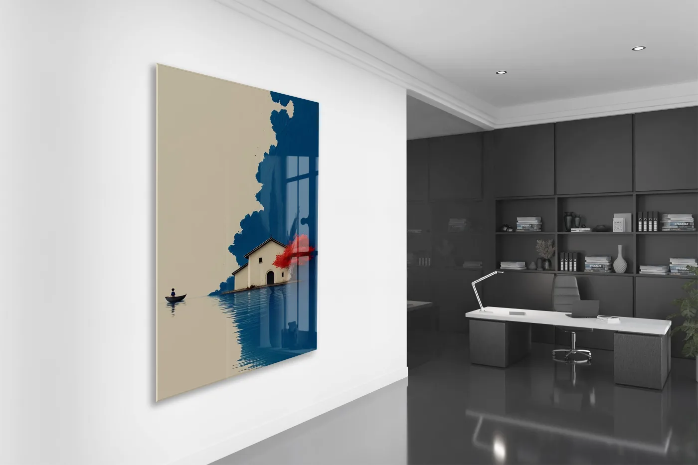 Minimal Göl Evi Manzarası – Kırmızı Ağaçlı Modern Duvar Tablosu - Peony133 — görsel 5