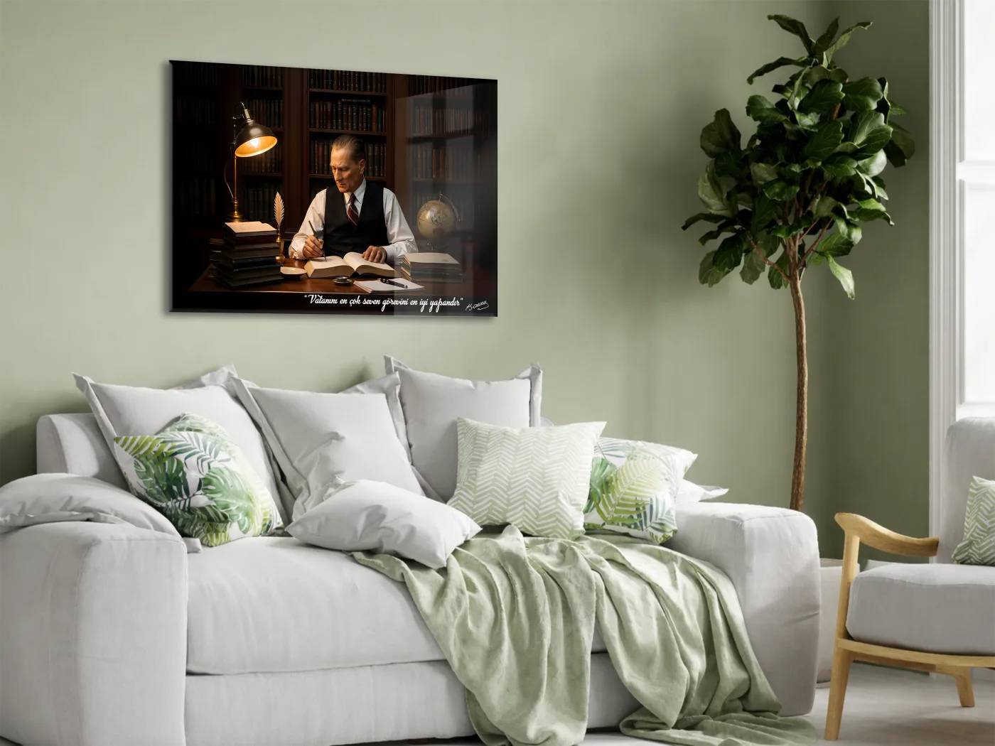 Mustafa Kemal Atatürk Çalışma Masası Cam Tablo | İmzalı Premium Cam Poster -PeonyAta1322 — görsel 3