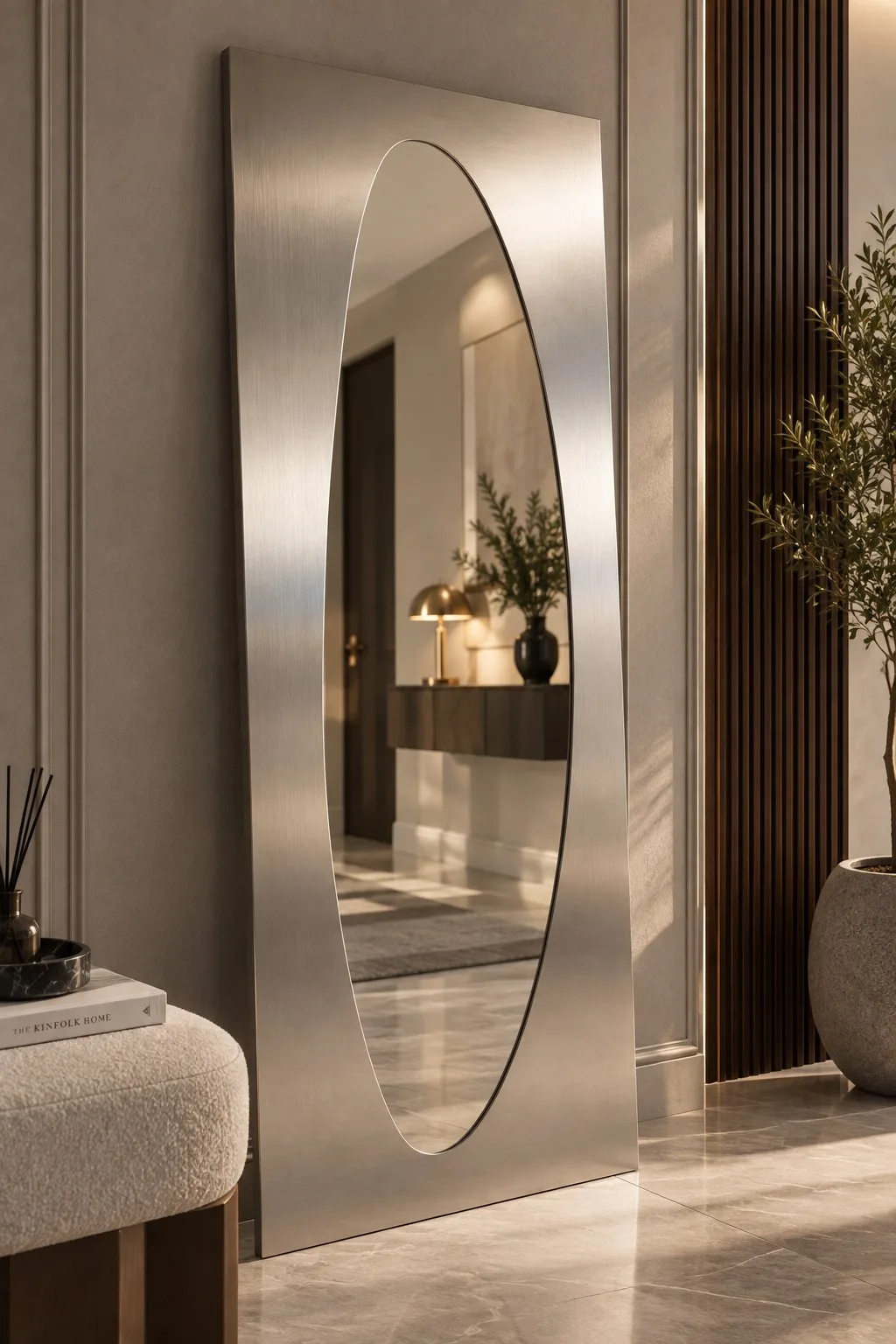 Liora | Paslanmaz Çelik Boy Aynası – 60x160 cm Fırçalı Metal Çerçeveli Asimetrik Dekoratif Duvar Aynası 2 cm Kıvrımlı Modern Tasarım — görsel 3