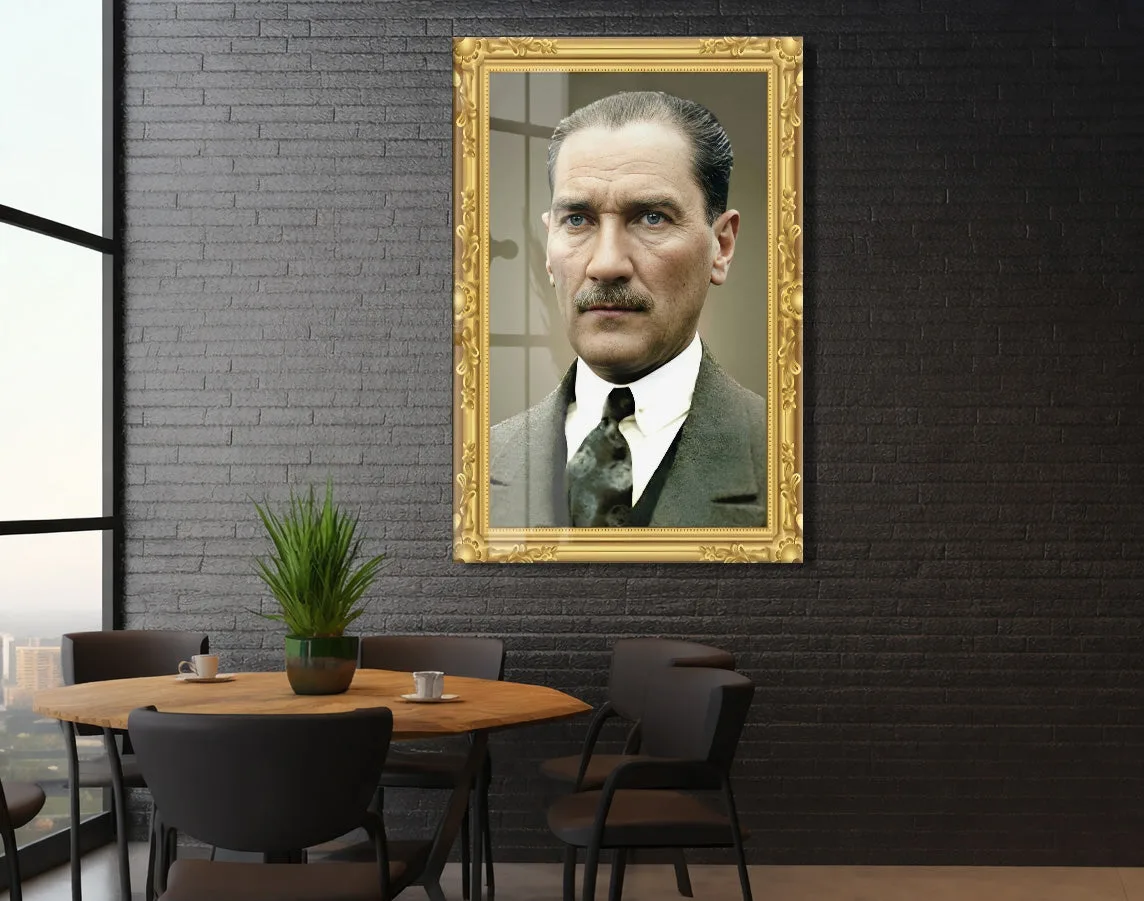 Mustafa Kemal Atatürk Klasik Portre Cam Tablo | Altın Çerçeve Görünümlü 4 mm Temperli UV Baskılı -PeonyAta1311 — görsel 5