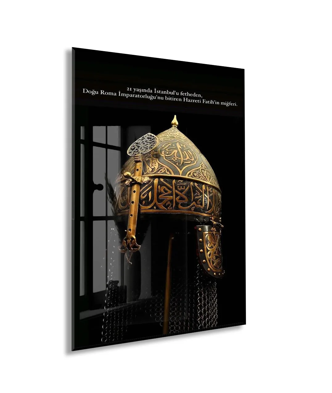Fatih Sultan Mehmet Miğferi Cam Tablo – İstanbul’un Fethini Sembolize Eden Tarihi Duvar Dekoru - PeonyOsm003 — görsel 1