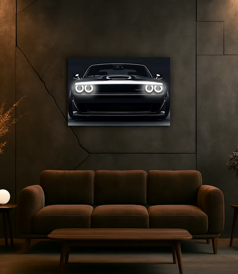 Araba UV Baskı Neon Duvar Dekoru | Parlak Far Efektli Pleksi Tablo | Modern Otomobil Temalı Duvar Sanatı — görsel 2