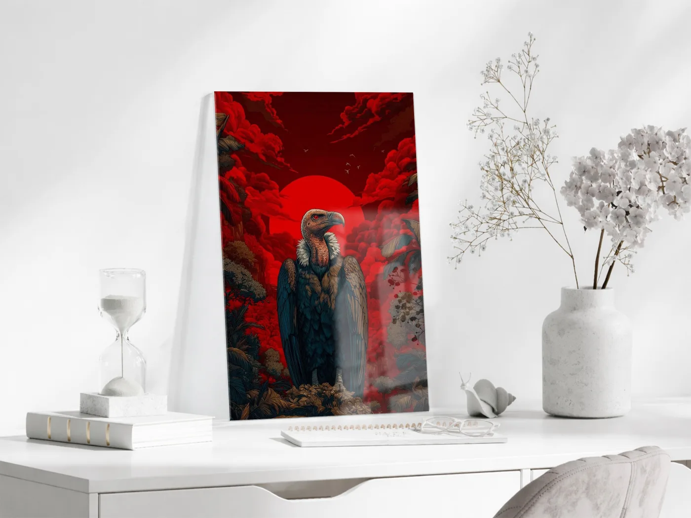 Kızıl Güneş Fonlu Akbaba Cam Tablo – Güç ve Hakimiyet Temalı Modern Duvar Dekoru - Peony079 — görsel 4