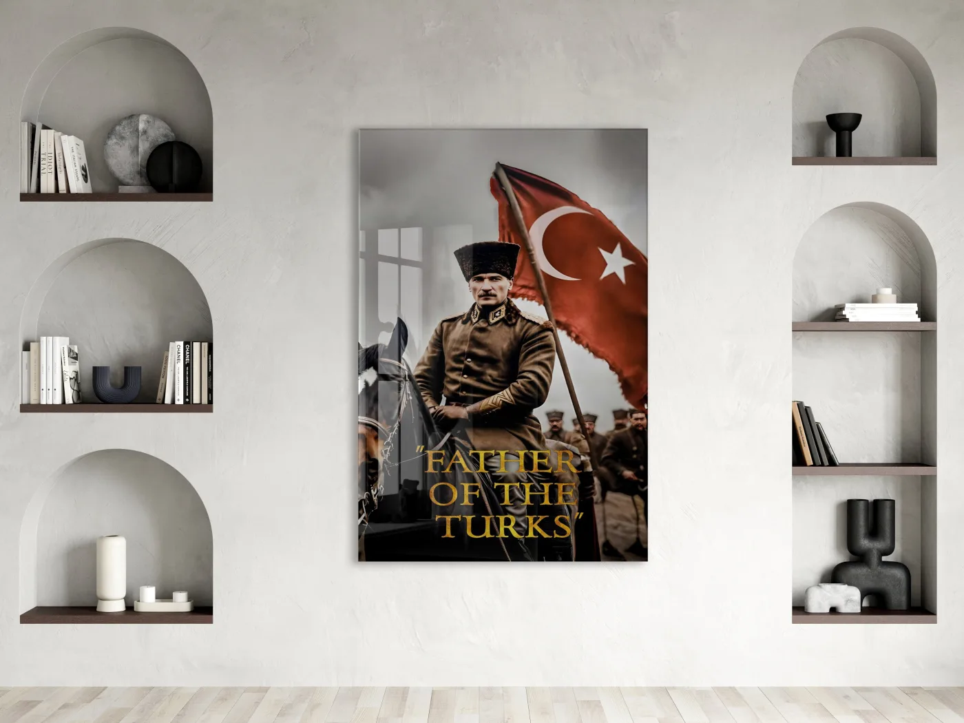 Father Of The Turks , Atatürk At Üzerinde Cam Tablo – Türk Bayraklı Başkomutan Portresi 4 mm Temperli Cam -PeonyAta061 — görsel 3