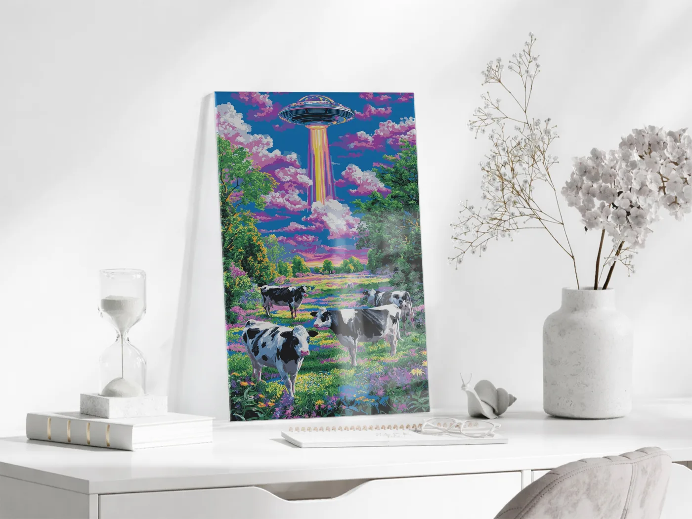 UFO ve Renkli Tarlada İnekler – Fantastik Manzara Duvar Tablosu - Peony128 — görsel 4
