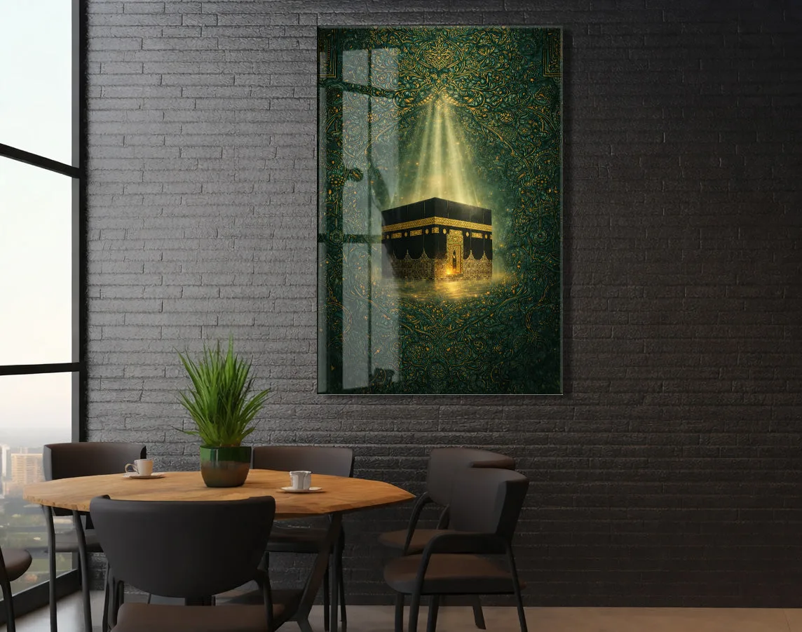 Kabe Temalı Cam Tablo – Altın Işık Efektli İslami Duvar Dekoru - PeonyDini151 — görsel 2