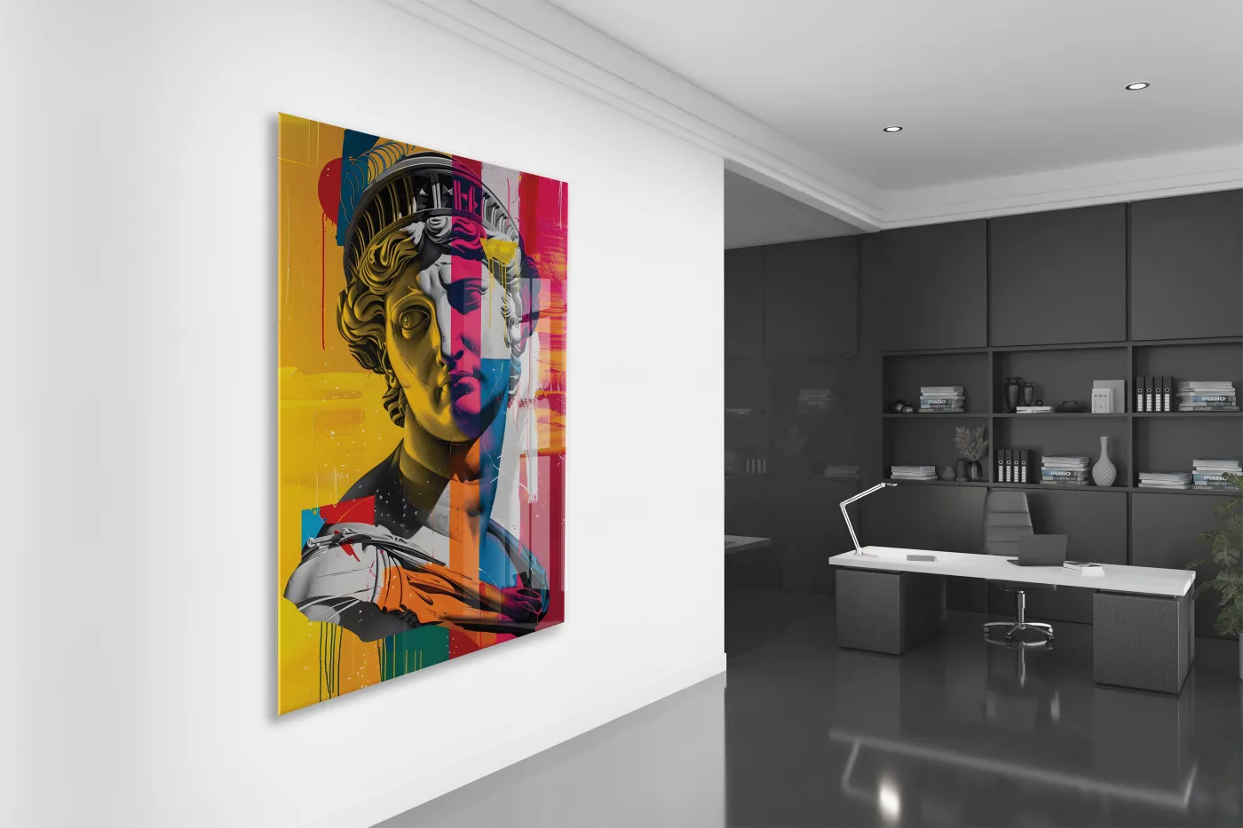 Modern Pop Art Heykel Portre Cam Tablo – Renkli Sanat Temalı UV Baskılı Temperli Cam Duvar Tablosu - Peony010 — görsel 4