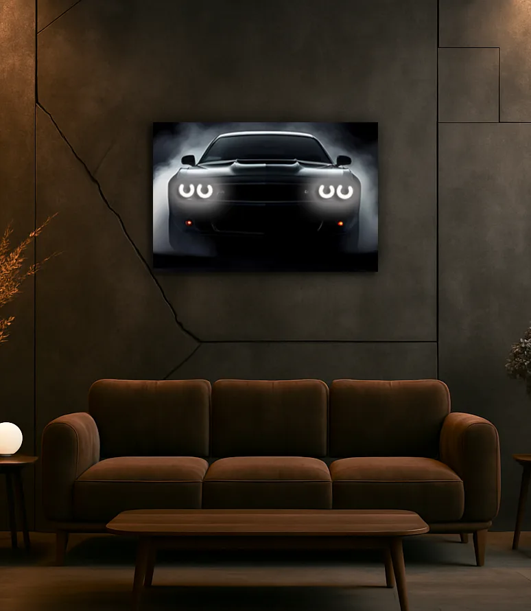 Araba UV Baskı Neon Duvar Dekoru | Sisli Fonlu Işıklı Pleksi Tablo | Modern Otomobil Temalı Duvar Sanatı — görsel 2