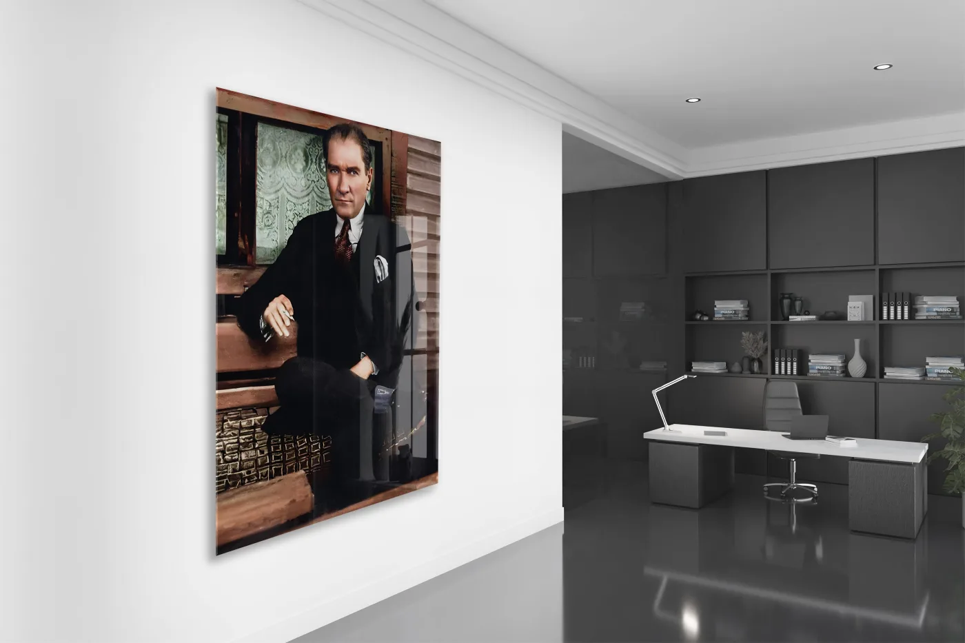 Atatürk Cam Tablo – Lider Portresi, 4 mm Temperli Cam Üzerine Prestijli Duvar Dekoru -PeonyAta1025 — görsel 5