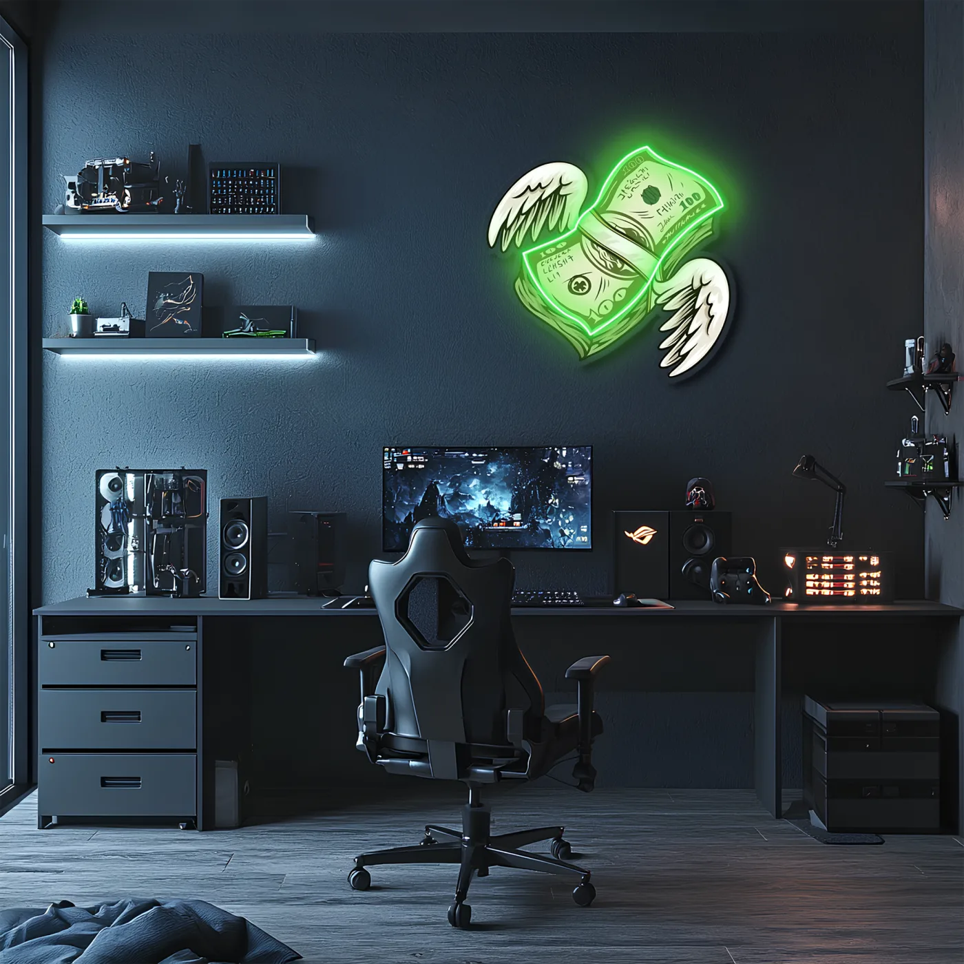 Uçan Para Neon Duvar Dekoru | Yeşil Işıklı Pleksi Tablo | Gamer Room ve Ofis İçin Modern Duvar Sanatı — görsel 2
