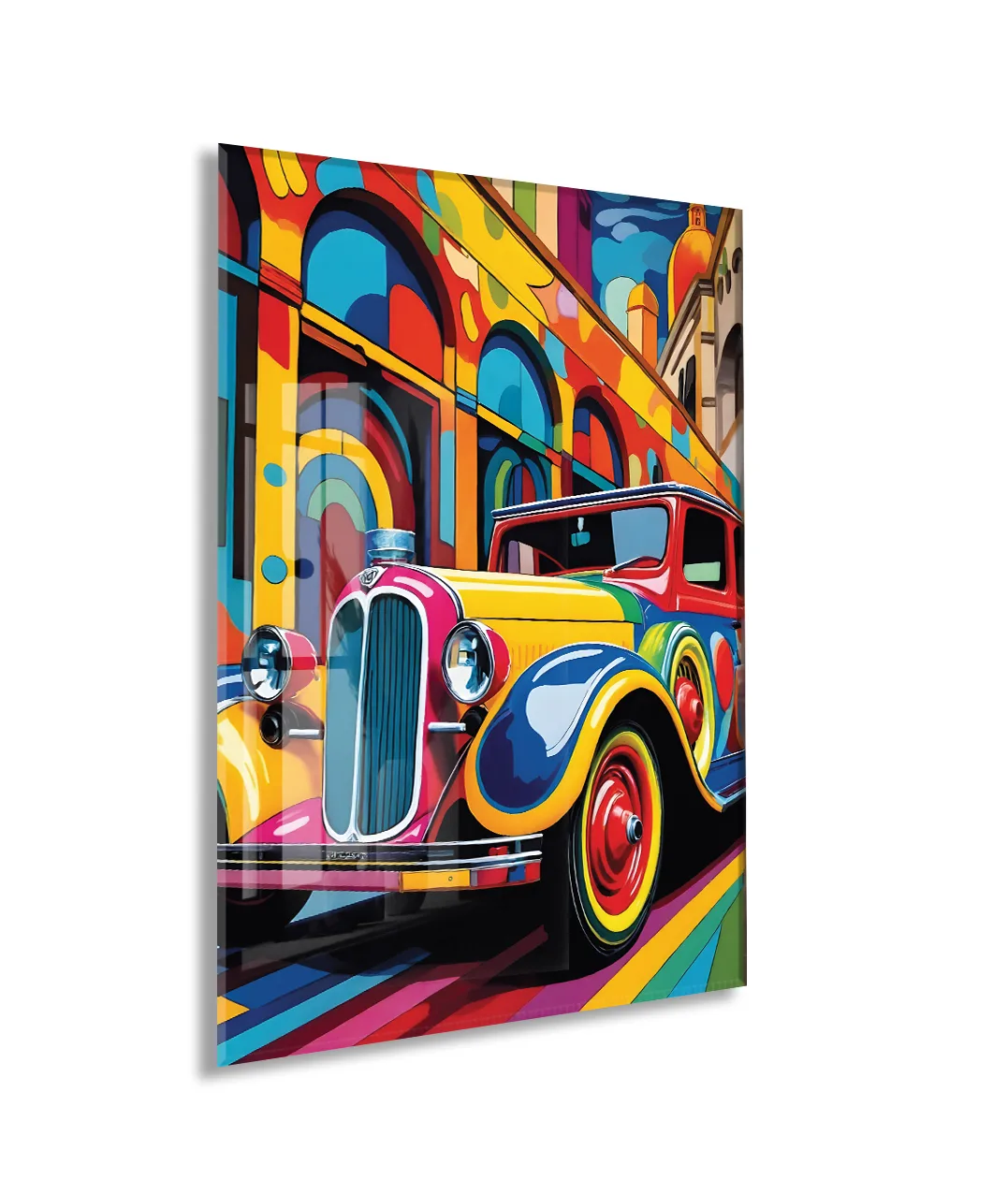 Renkli Klasik Araba Cam Tablo – Retro Otomobil Temalı Modern Pop Art, UV Baskılı Temperli Cam Duvar Tablosu - Peony036 — görsel 1