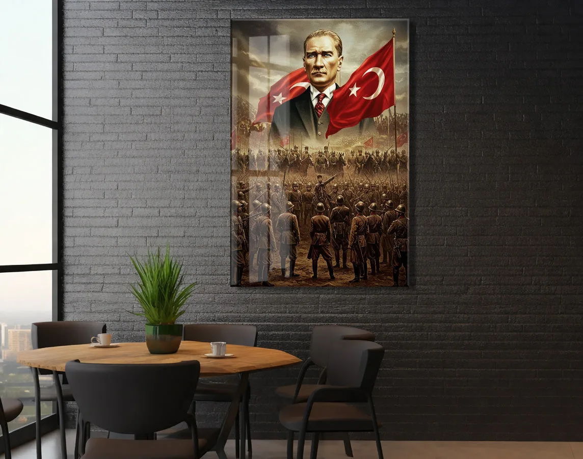 Atatürk ve Türk Bayrağı Cam Baskı Tablo | Kurtuluş Savaşı Temalı Tarihi Duvar Dekoru, 4mm Temperli Cam, Yüksek Çözünürlüklü UV Baskı PeonyAta044 — görsel 3