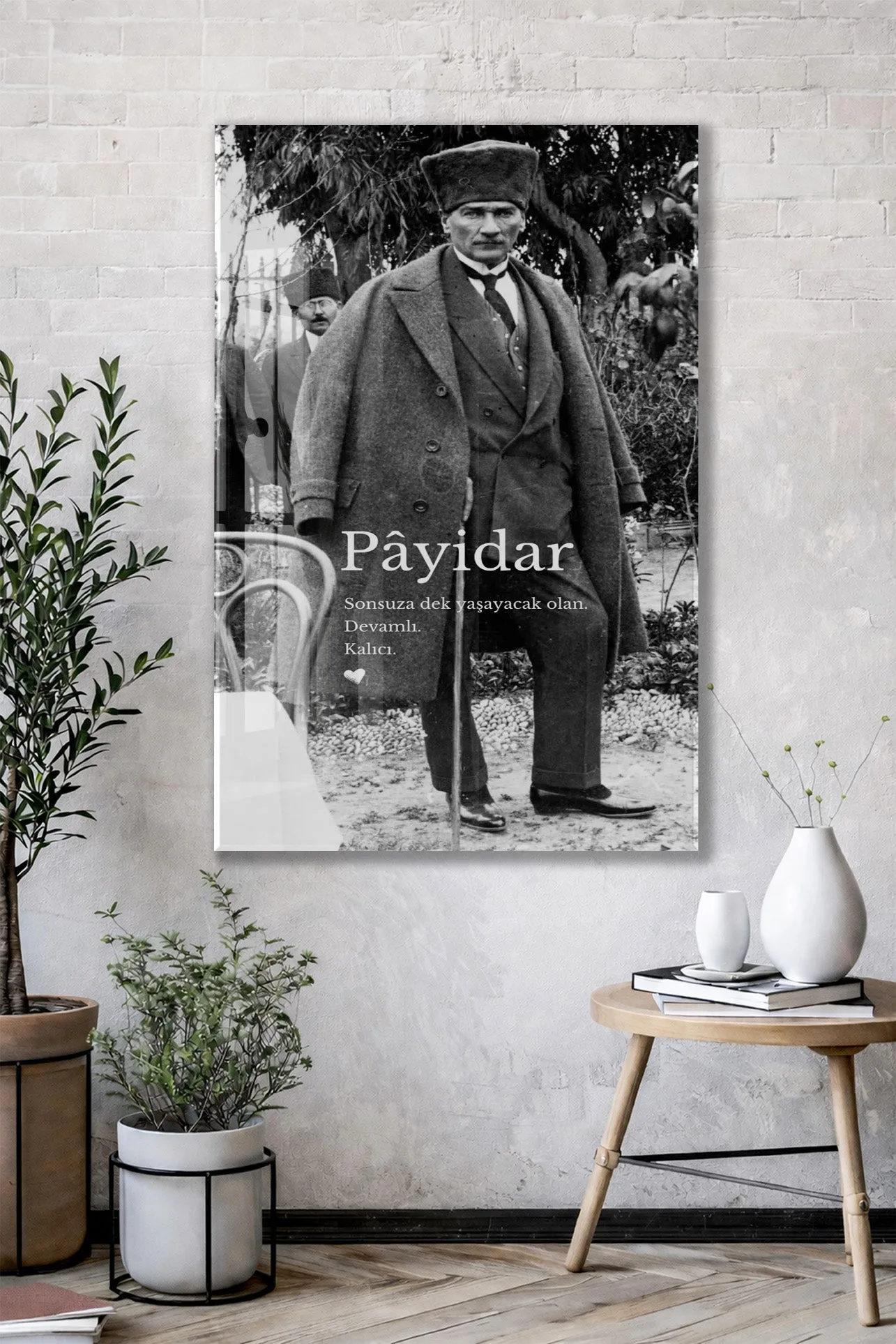 Payidar Atatürk Cam Tablo | Siyah Beyaz Atatürk Portresi, Anlamlı Duvar Dekoru, UV Baskı Temperli Cam Tablo PeonyAta049 — görsel 3