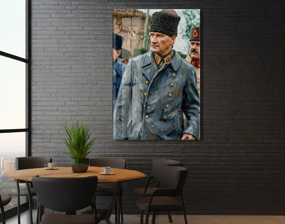 Kalpaklı Atatürk Cam Tablo – Asker Üniformalı Yağlı Boya Görünümlü Atatürk Tablosu-PeonyAta1347 — görsel 6