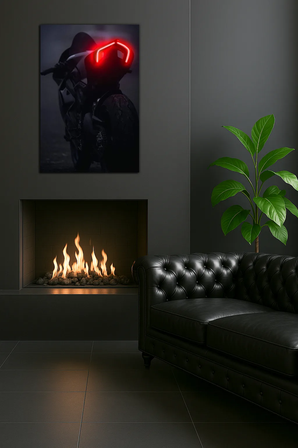 Siyah Motosiklet UV Baskı Neon Duvar Dekoru | Kırmızı Işıklı Pleksi Tablo | Modern ve Minimal Duvar Sanatı — görsel 3