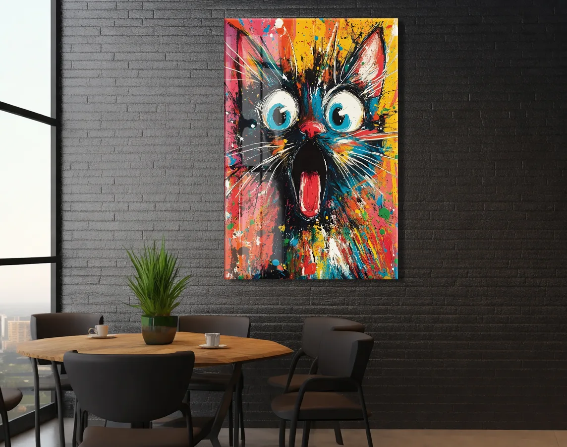 Şaşkın Kedi – Renkli Pop Art Duvar Cam Sanatı- Peony050 — görsel 6